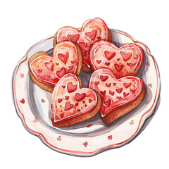 Wall Mural - A watercolor vector of heart-shaped cookies on a platter, isolated on a white background. Valentine's Day vector.
