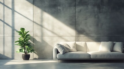 Wall Mural - Modern living room with a white sofa, and a fiddle leaf fig plant. Ideal for interior design, home decor, and minimalist lifestyle concepts.