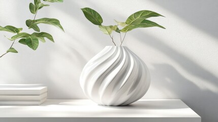 Poster - Elegant White Vase with Twisting Design and Green Leaves