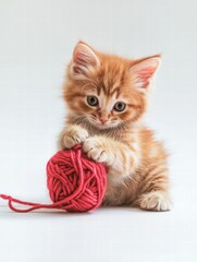 Poster - Playful kitten enjoys batting at a colorful ball of yarn indoors on a bright sunny afternoon. Generative AI