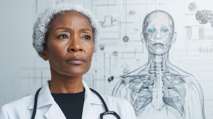 Poster - A diverse group of patients consulting with holographic doctors in a futuristic medical clinic showcasing the of advanced technology in modern healthcare  The scene depicts the of digital