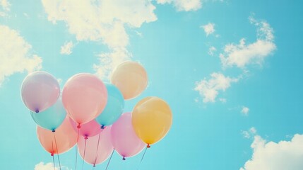 Poster - Colorful balloons float gracefully in a clear blue sky on a bright sunny day creating a joyful atmosphere. Generative AI