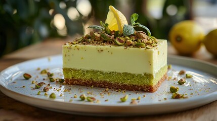   A white plate holds a cake, wood table, lemons, glass water