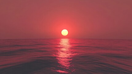 Poster - Majestic Sunset Over Calm Ocean Waves with Red Sky Reflection