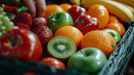 Wall Mural - A colorful array of fruits including shiny apples, fresh oranges, and ripe strawberries, displayed enticingly in a basket, showcasing freshness and vitality.