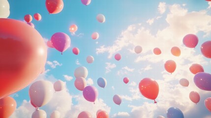 Poster - Colorful balloons drifting peacefully in a bright blue sky during a sunny day celebration. Generative AI