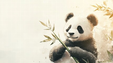 Poster - Panda enjoys bamboo in a peaceful setting surrounded by natural beauty and ample copy space for your text needs. Generative AI