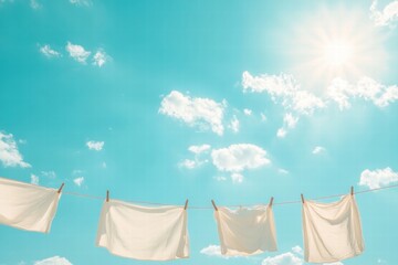 Aufkleber - Bright white clothes drying on a line under a sunny blue sky with fluffy clouds and ample copy space available for text. Generative AI