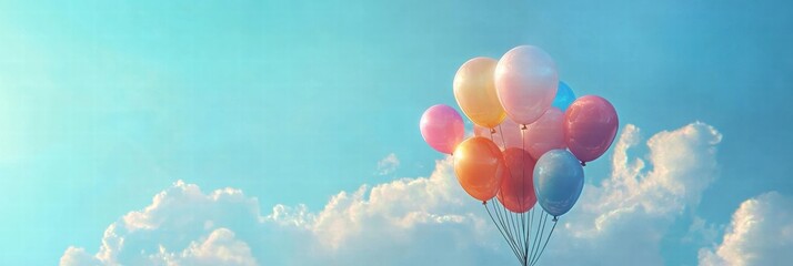 Poster - Colorful balloons float freely in a clear blue sky with white clouds during a sunny day. Generative AI