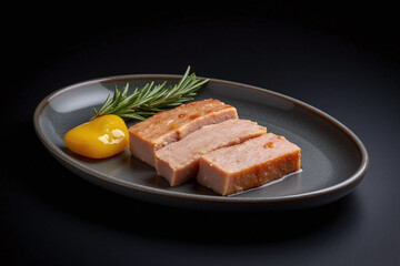 Wall Mural - Braised pork belly slices on dark gray plate