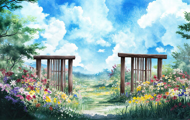 Wall Mural - a serene, panoramic view of a lush garden with vibrant flowers, a pathway, and a wooden bridge in the foreground. The sky is bright and cloudy, creating a picturesque and tranquil setting.