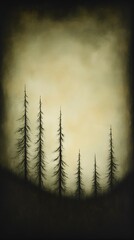 Canvas Print - Silhouette of five tall, slender trees against a hazy, yellowish sky.