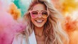 ©  Shomixer - A smiling woman wearing vivid spectacles is engulfed in a cloud of colorful powder. Her joyful demeanor amidst the colors suggests celebration and peace.