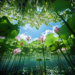 Wall Mural - a lotus pond, full-screen view from below the water surface with sunlight and green leaves, pink flowers, and a blue sky