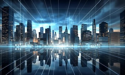 Aufkleber - A futuristic cityscape glowing with vibrant blue glowing lights, featuring modern architecture, skyscrapers, and smart technology, set against a serene night sky.