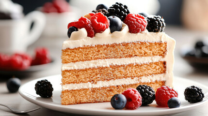 Aufkleber - close up of delicious slice of cake topped with fresh berries, showcasing layers of sponge and cream. Perfect for dessert lovers and special occasions