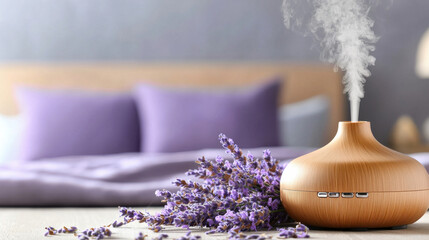 Poster - close up of diffuser emitting calming lavender scent, surrounded by lavender flowers in serene bedroom setting. soft colors create relaxing atmosphere