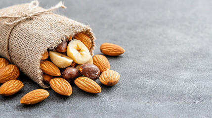 Aufkleber - close up of healthy snack featuring almonds, dried fruits, and nuts spilling from burlap sack on textured surface. This nutritious mix is perfect for energy
