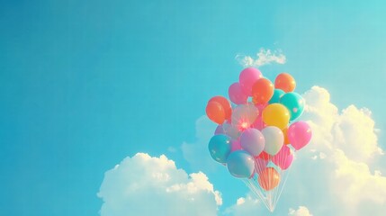 Poster - Colorful balloons drift upwards in a bright clear sky filled with fluffy clouds during a sunny afternoon. Generative AI