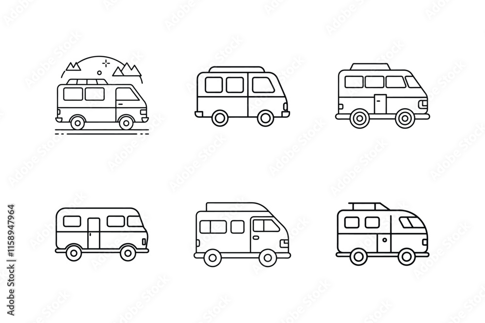camper van icon line art vector, set of transport icons Stock Vector ...