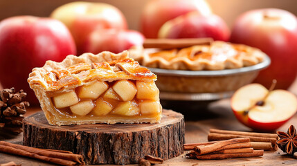 Aufkleber - delicious homemade apple pie with flaky crust, filled with sweet apple slices and cinnamon, surrounded by fresh apples and cinnamon sticks