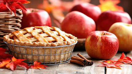 Aufkleber - delicious homemade pie with flaky crust filled with spiced apples, surrounded by fresh red apples and autumn leaves, evokes warm, cozy feeling
