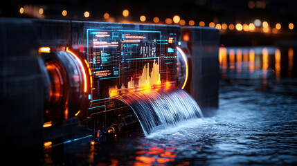 Aufkleber - Cutting edge hydroelectric station at night with glowing data displays and water flow, showcasing modern technology and energy efficiency