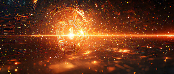 Poster - Abstract orange glowing energy tunnel with light streaks and particles.