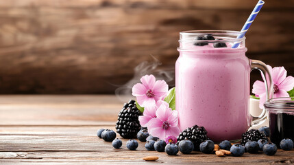Poster - refreshing fruit smoothie in mason jar, surrounded by berries and flowers, evokes sense of summer delight. Perfect for health enthusiasts and food lovers alike
