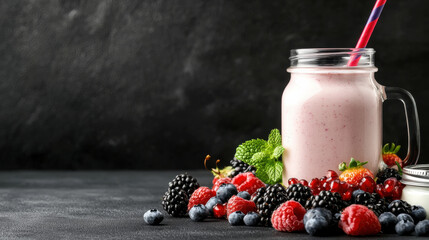 Poster - fresh fruit smoothie served in mason jar, surrounded by assorted berries, creates vibrant and healthy scene. colorful mix of fruits adds refreshing touch