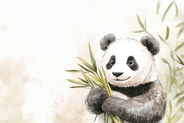 Poster - Panda enjoying bamboo in a peaceful setting with plenty of space for custom text and creativity. Generative AI