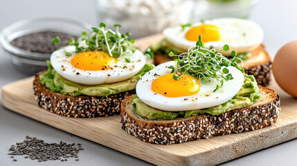 Poster - fresh healthy avocado toast topped with eggs and microgreens, served on wooden board. This nutritious meal is perfect for breakfast or brunch, showcasing vibrant colors and textures