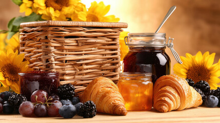 Poster - gourmet breakfast spread featuring freshly baked croissants, assorted jams, and vibrant fruits, beautifully arranged with sunflowers for delightful morning experience