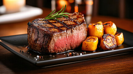 Poster - gourmet steak cooked to perfection with crispy sear, served alongside grilled vegetables. rich flavors and appealing presentation make it ideal dish for meat lovers