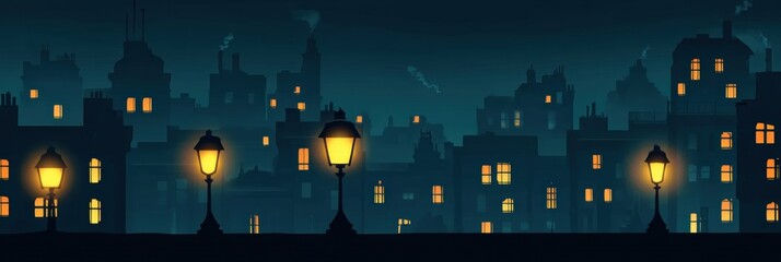 Aufkleber - Dark nighttime cityscape with a few illuminated windows and street lamps in a tranquil urban setting. Generative AI