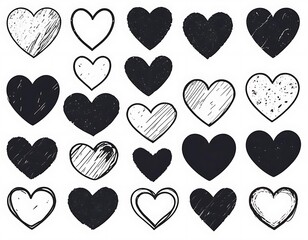Poster - Collection of various textured black and white hearts