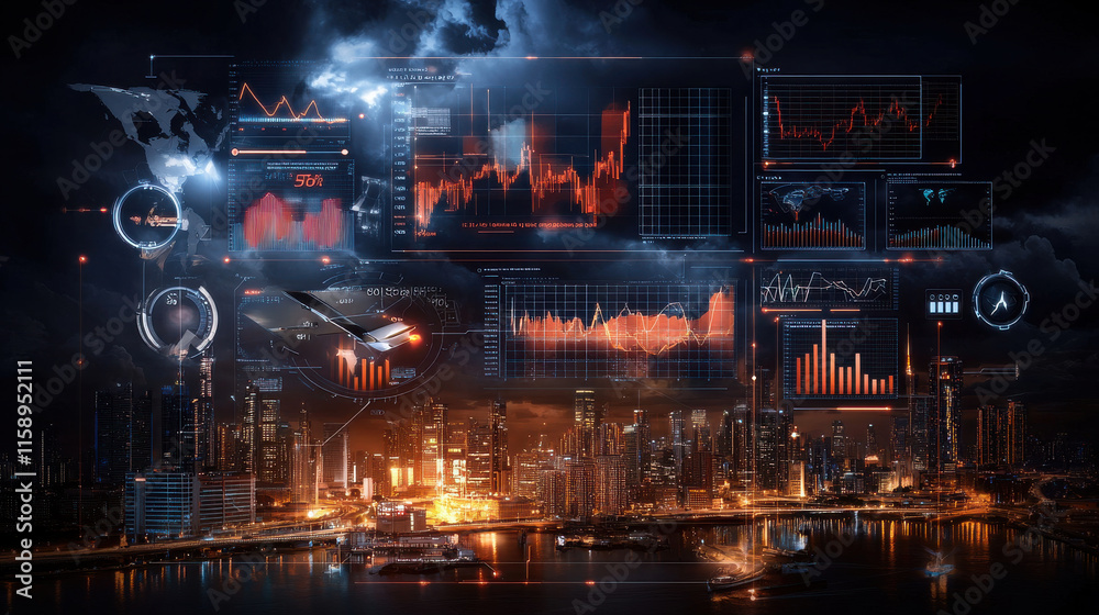 High tech digital financial dashboard displaying real time data, graphs ...