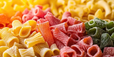 Wall Mural - Closeup of a colorful pasta mix showcasing a variety of raw pasta shapes and hues, perfect for highlighting the rich textures and vibrant colors in culinary presentations.