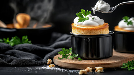 Poster - Luxurious gourmet souffle topped with creamy foam and fresh herbs, served in black dish. perfect dessert for special occasions, showcasing culinary artistry and elegance