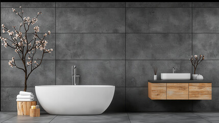 Poster - minimalist bathroom featuring freestanding tub, sleek vanity, and decorative branches. modern design emphasizes simplicity and elegance, creating serene atmosphere