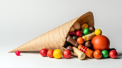 Colorful candies spilling from a cone on a white isolated background.