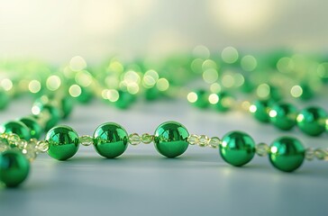 Poster - Close-Up of Shiny Green Beads with Soft Bokeh Background Creating an Elegant and Festive Atmosphere for Various Creative Projects