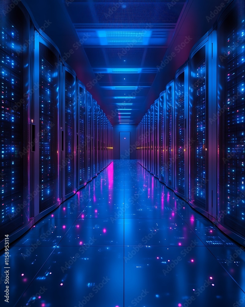 Futuristic server room with glowing racks. (4) Stock Photo | Adobe Stock