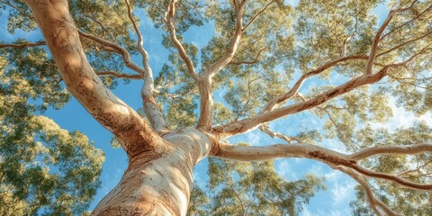 Majestic large gum tree with branches extending gracefully upwards, showcasing the impressive size and beauty of the large gum tree in its natural surroundings.