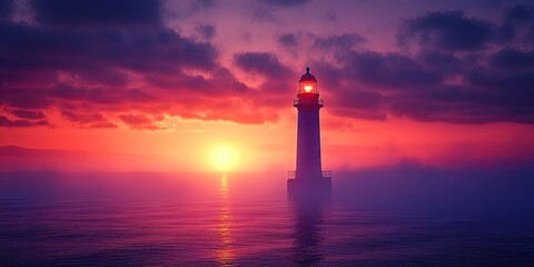 Wall Mural - Stunning seascape at night featuring a lighthouse against a dramatic sky during sunset, showcasing the beauty of the seascape and the enchanting atmosphere it creates.