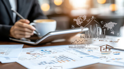Poster - professional examining financial data on tablet while holding cup of coffee, surrounded by charts and graphs, showcasing analysis and business insights