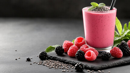 Poster - refreshing smoothie in glass with vibrant colors, garnished with mint leaves and topped with chia seeds. Surrounded by fresh raspberries and blackberries, it looks delicious