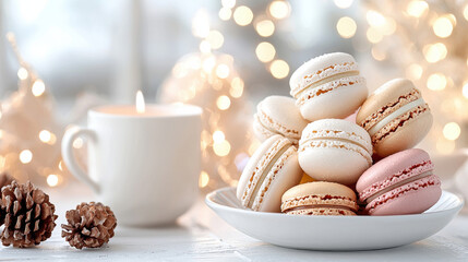 Poster - set of colorful macarons on delicate plate, perfect for cozy setting with candle and pine cones. warm ambiance creates delightful atmosphere