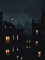Aufkleber - Mysterious night cityscape with glowing windows revealing stories of life in a dark urban landscape. Generative AI
