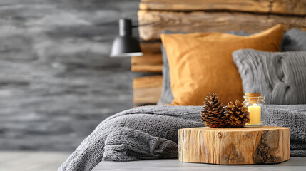 Poster - Cozy bedroom with wooden accents, warm bedding, and decorative elements like pine cones and candle, creating serene atmosphere
